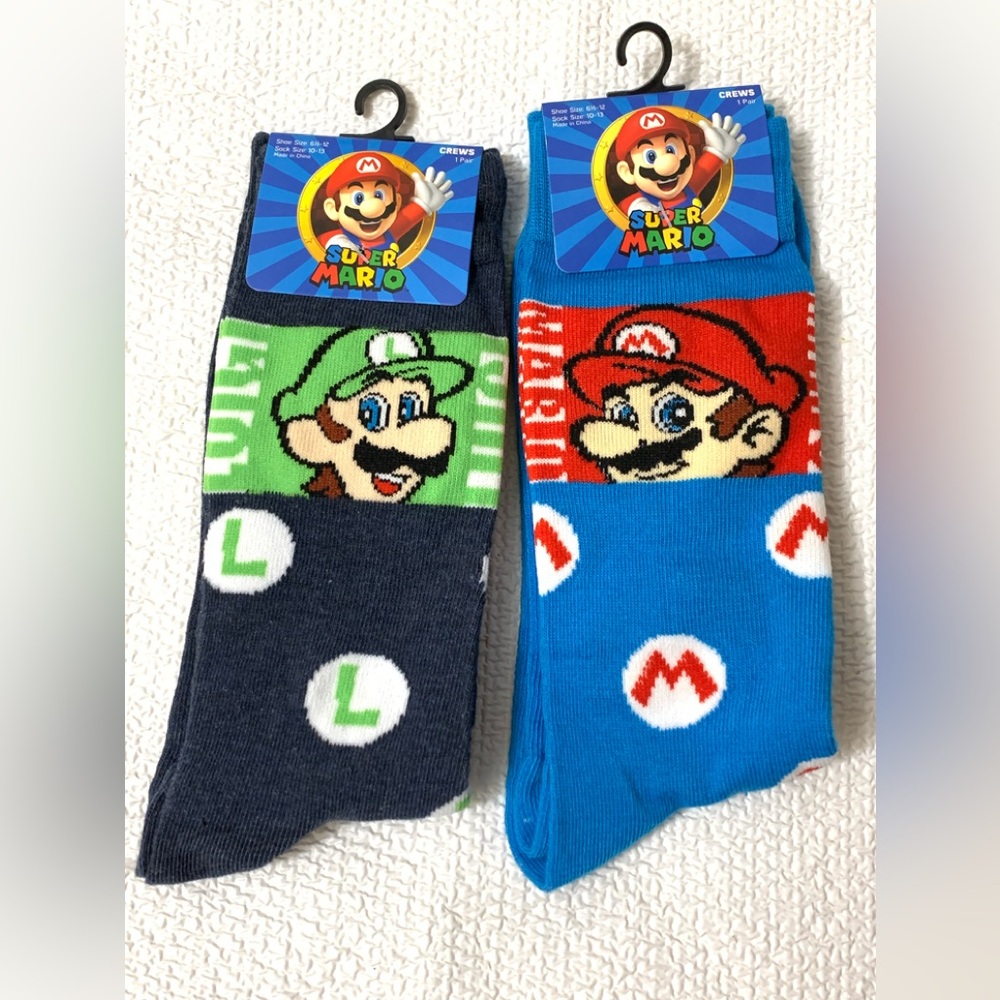 Super Mario Bros Luigi & Mario Funny Novelty Crew Socks - NWT Lot of 2
